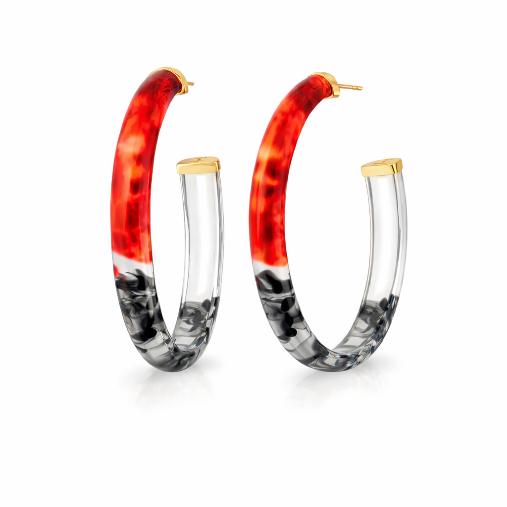 Hoop earrings with red, black, and clear design on a white background