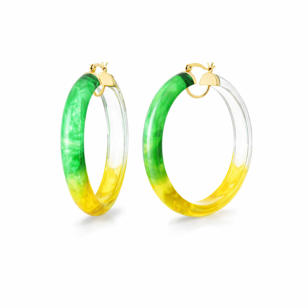 Hoop earrings with green to yellow gradient and gold clasps on a white background