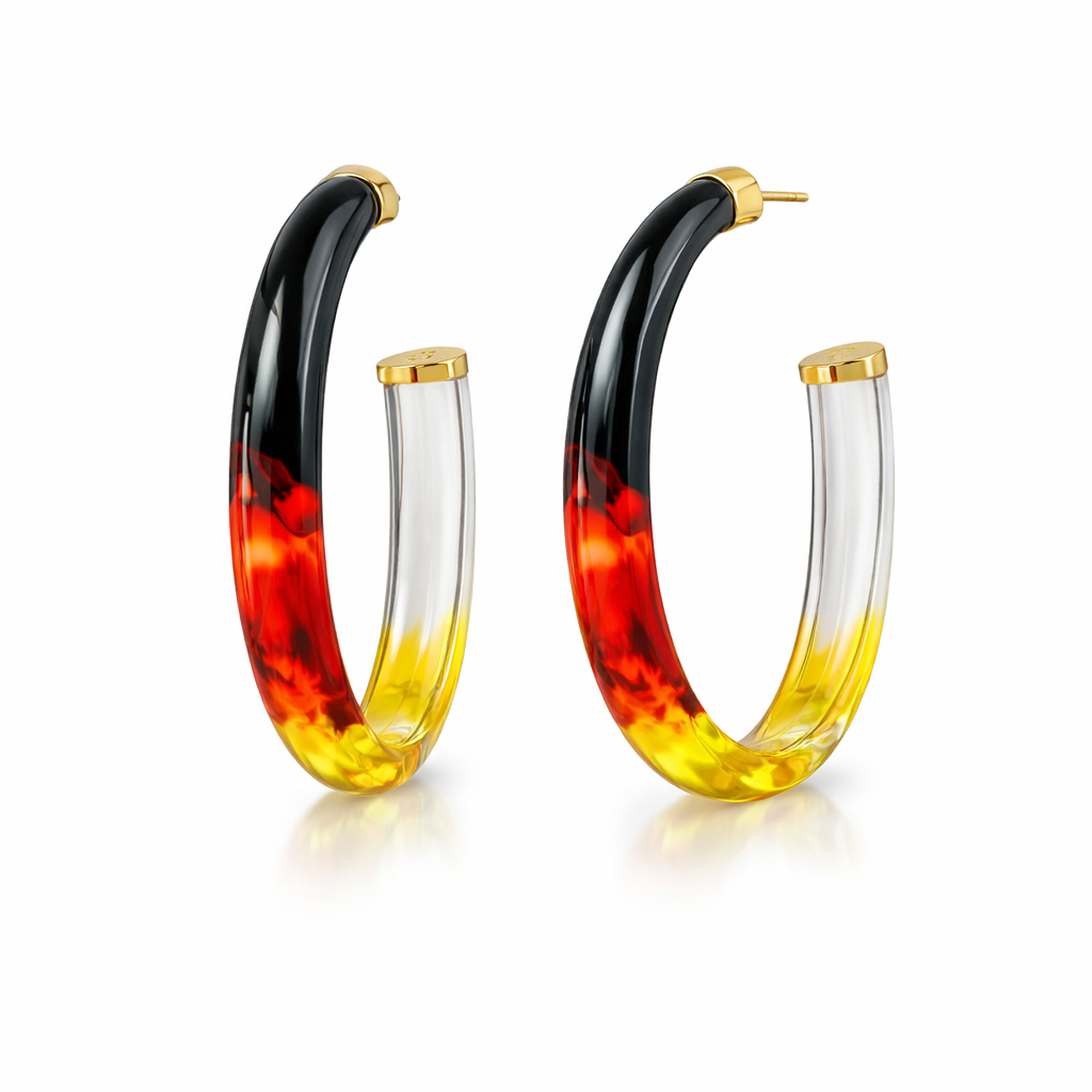 Hoop earrings with black, red, and gold gradient on a white background