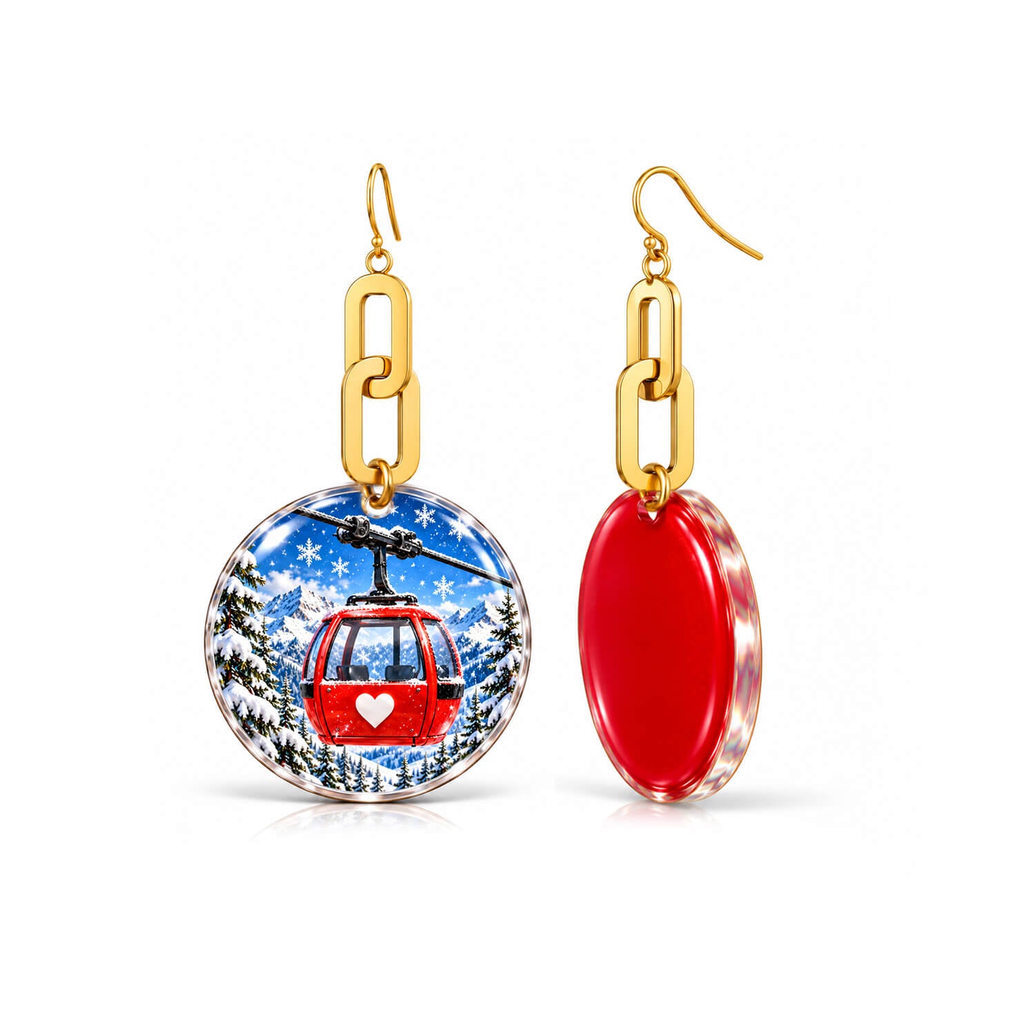 A pair of gold-tone dangle earrings on a white background. One earring shows a round pendant with a colorful winter ski gondola scene, and the other shows the red oval back of the pendant.
