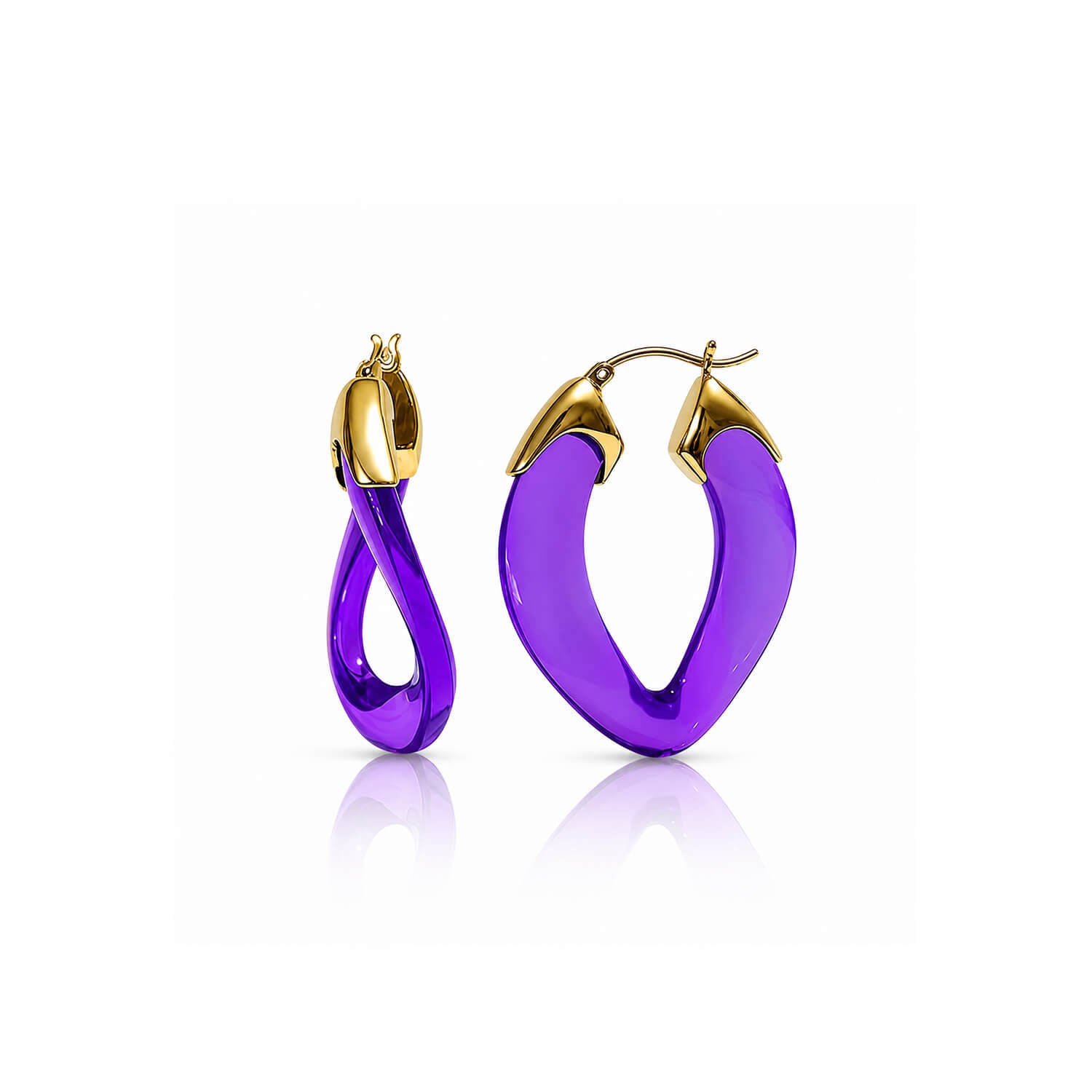 A pair of hoop earrings with a glossy purple enamel body and polished gold-tone metal findings, displayed on a clean white background with a soft reflection.