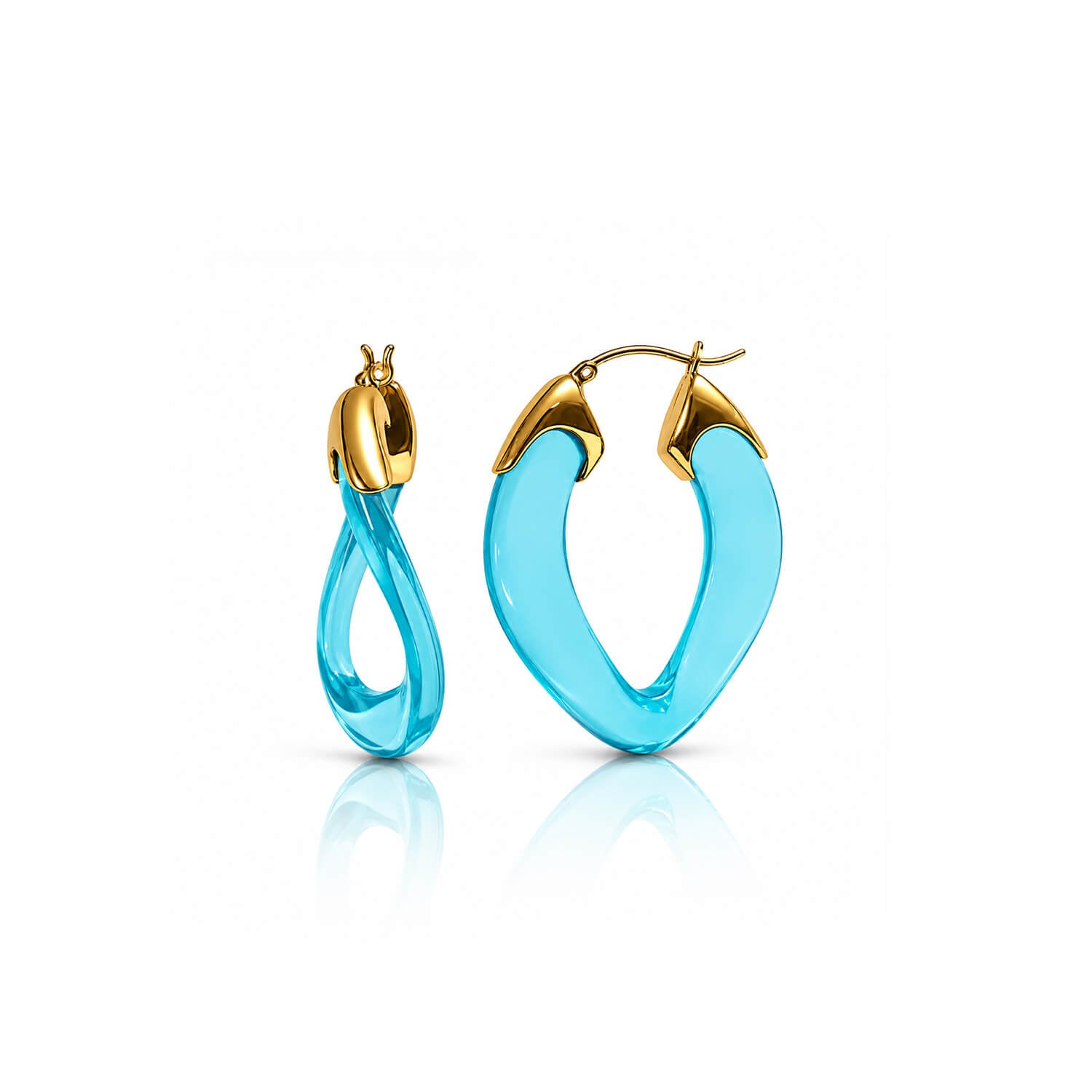 A pair of gold hoop earrings with translucent light blue curved hoops, shown on a clean white background with a soft reflection below.