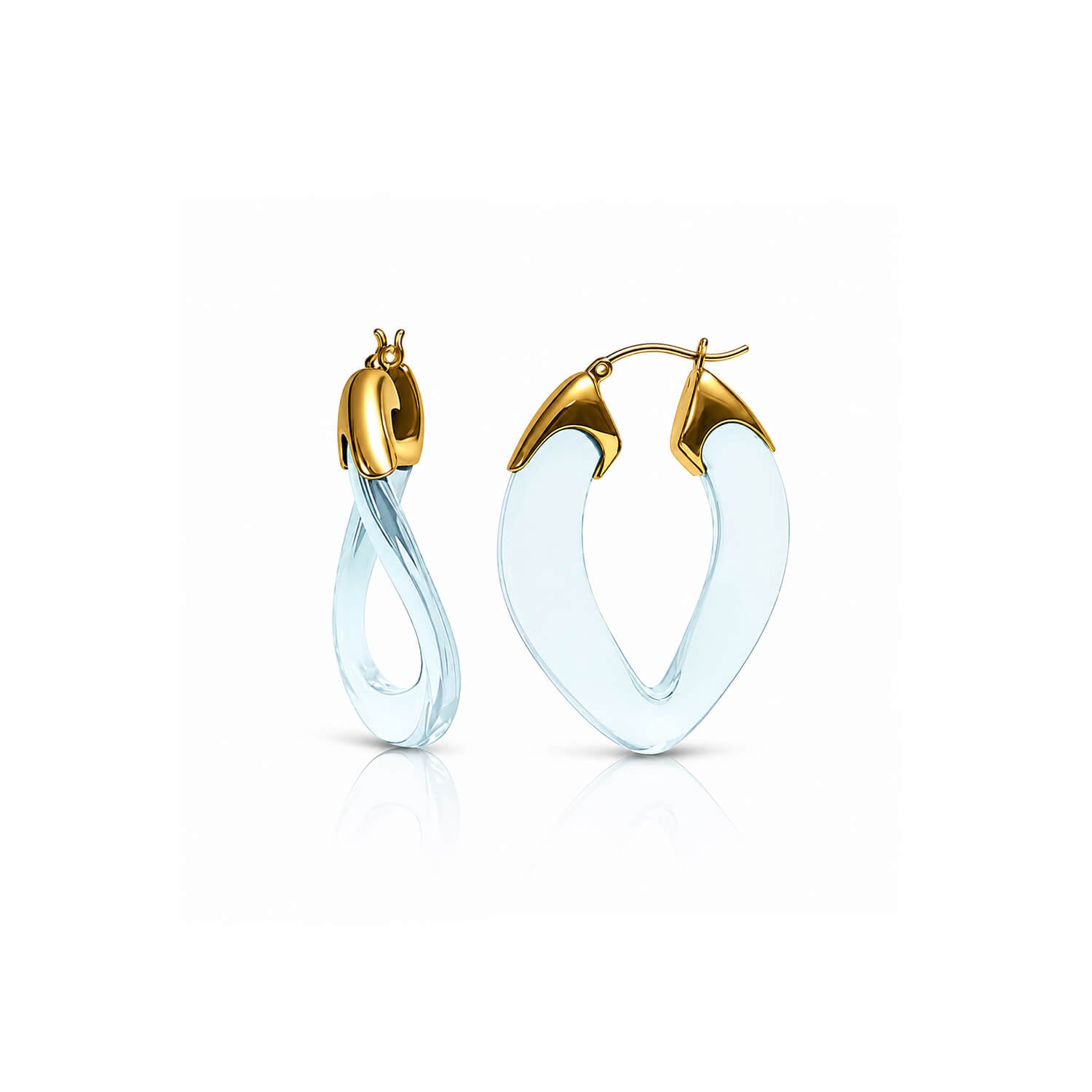 A pair of modern hoop earrings featuring light blue translucent curved bands with polished gold fishhook clasps, displayed on a clean white background.