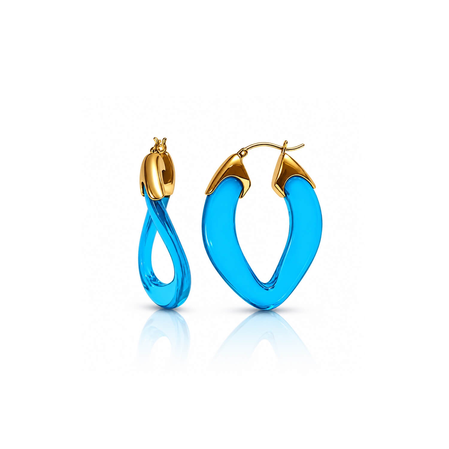 A pair of gold hoop earrings with bright blue translucent drop loops, displayed on a clean white background with a soft reflection underneath.