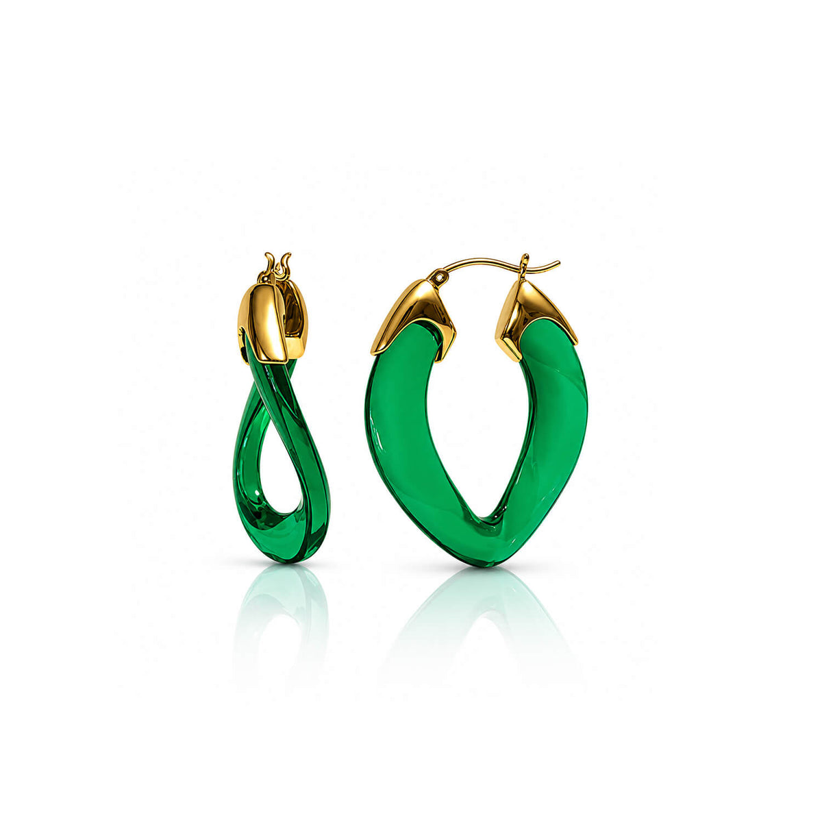 A pair of gold hoop earrings with thick, curved green enamel bodies, displayed on a clean white background with a soft reflection below.