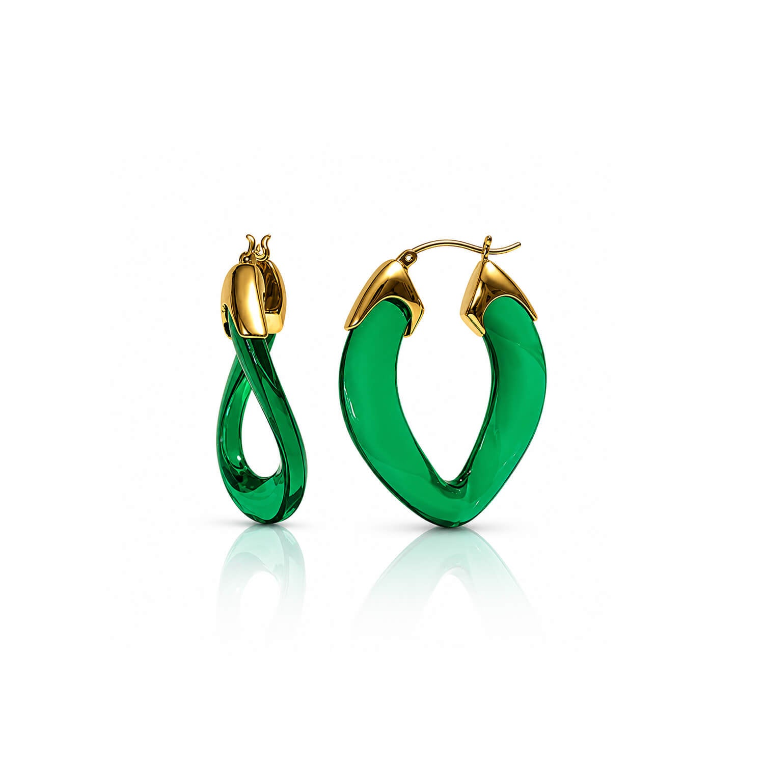 A pair of gold hoop earrings with thick, curved green enamel bodies, displayed on a clean white background with a soft reflection below.