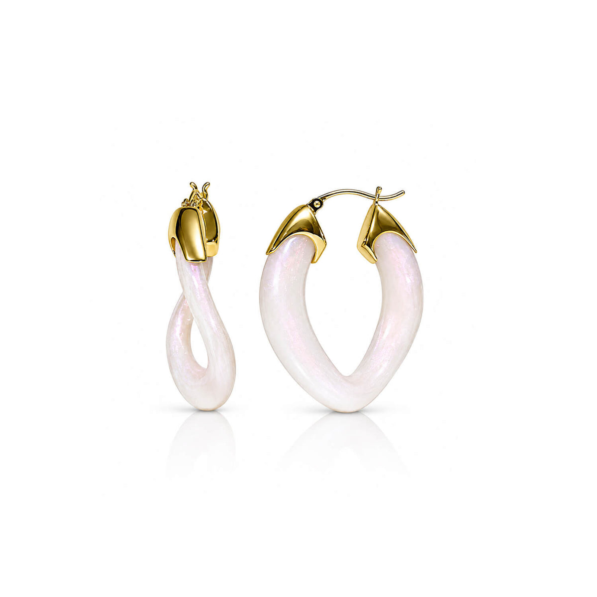 A pair of gold hoop earrings with curved, organic white iridescent inlay, shown on a clean white background.