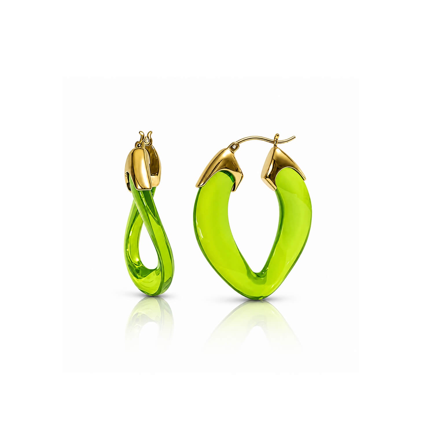 A pair of PERIDOT green hoop earrings with gold-tone posts, shown on a clean white background with a soft reflection underneath.