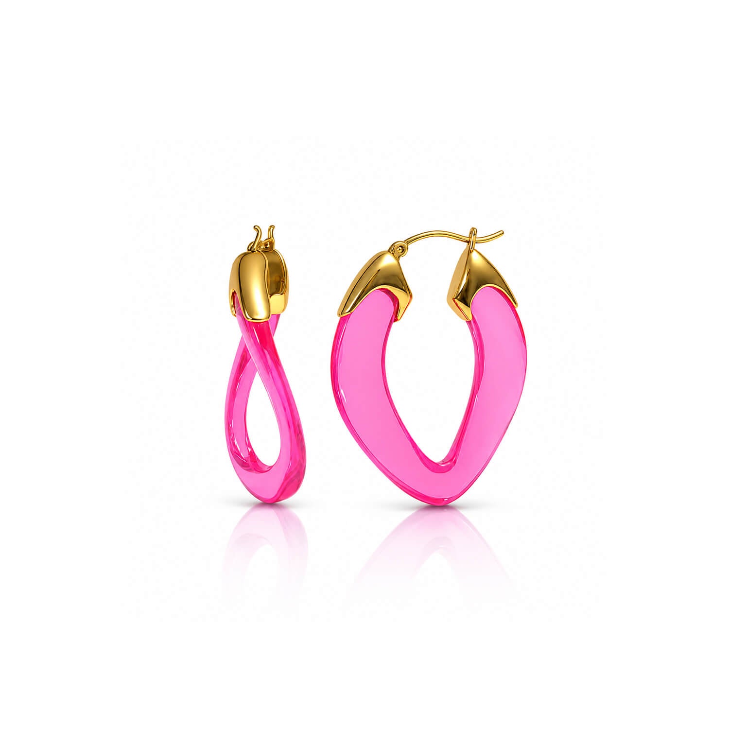 A pair of gold hoop earrings with a vibrant hot pink translucent enamel body, displayed on a clean white background with a soft reflection.