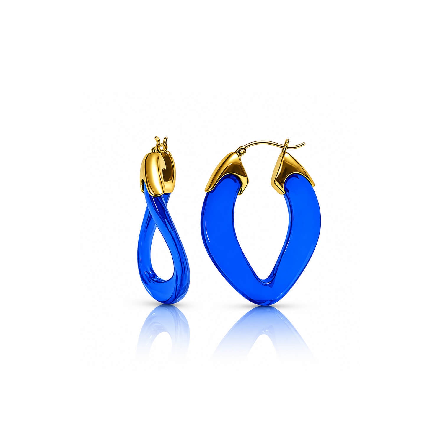 A pair of large, vibrant blue hoop earrings with polished gold-toned posts, displayed on a clean white background with a soft reflection below.
