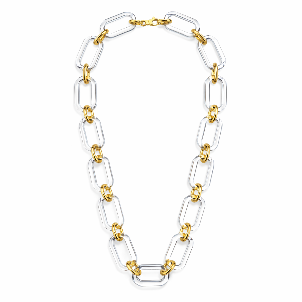 Necklace with gold and clear chain links on a white background