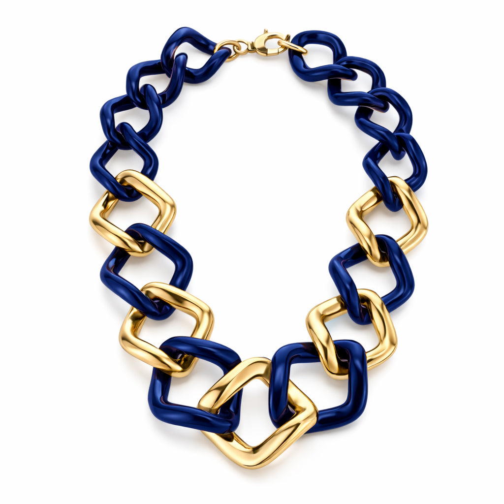 Necklace with blue and gold chain links on a white background