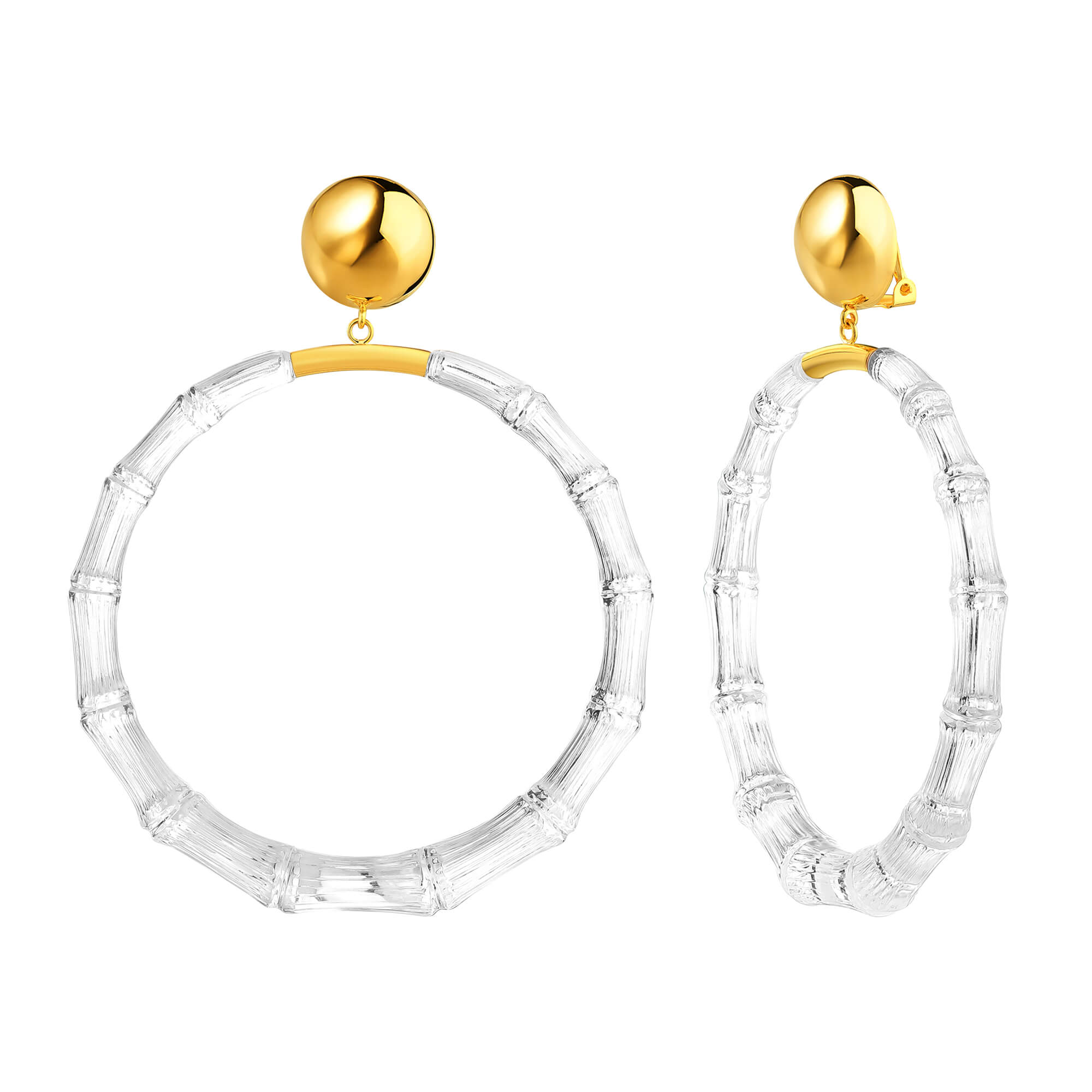 CLIP ON XL 3" LUCITE BAMBOO HOOP IN CLEAR