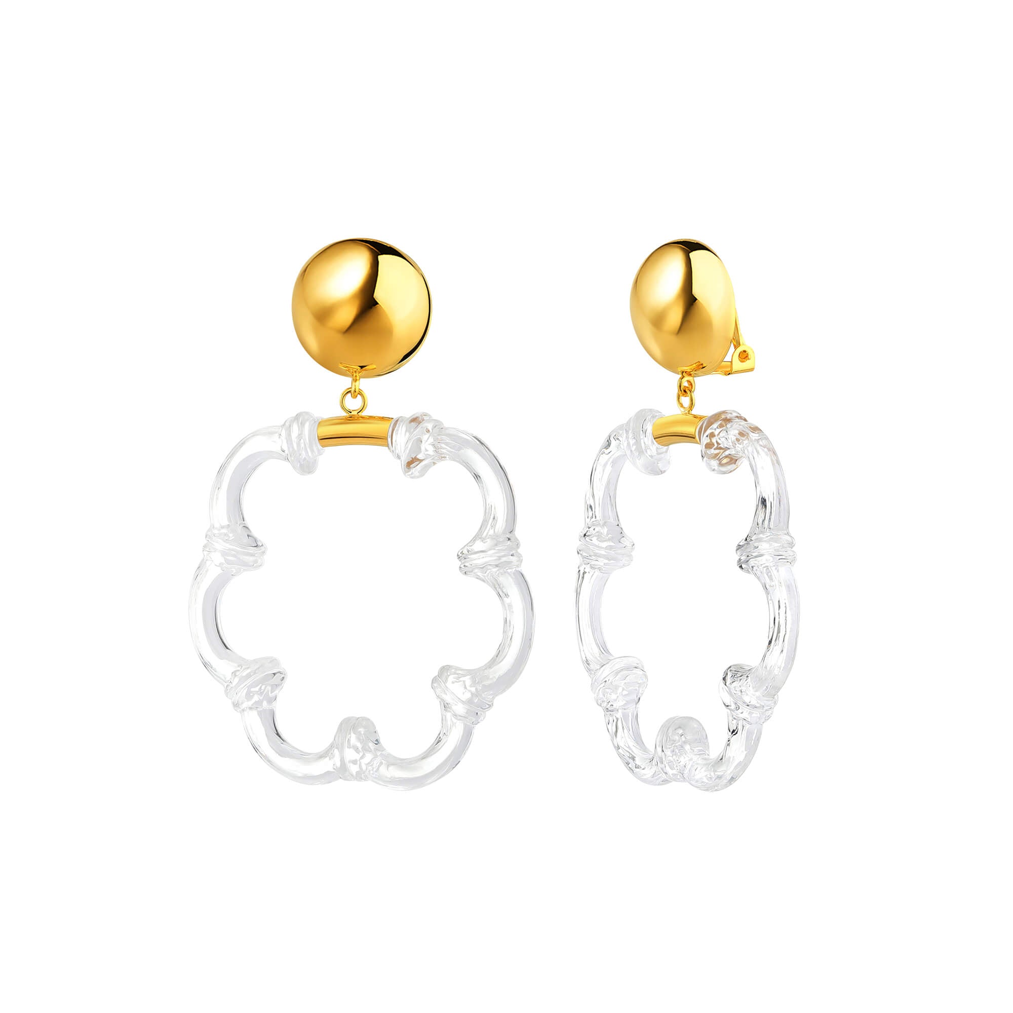 clip on lucite earrings in a clear flower motif
