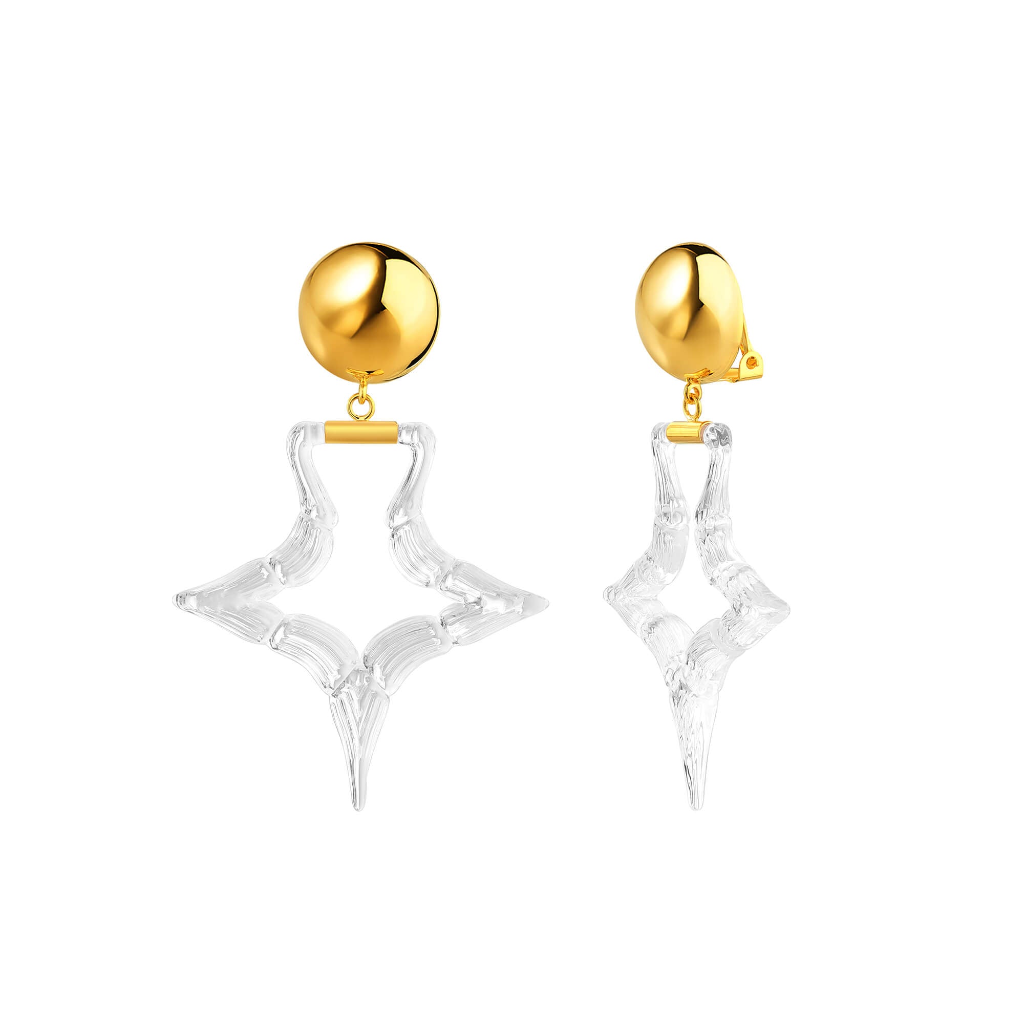 CLIP ON BAMBOO STAR LUCITE HOOP EARRINGS IN CLEAR
