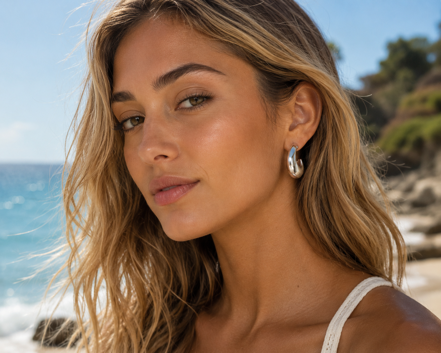 Woman with blonde hair and earrings standing on a beach