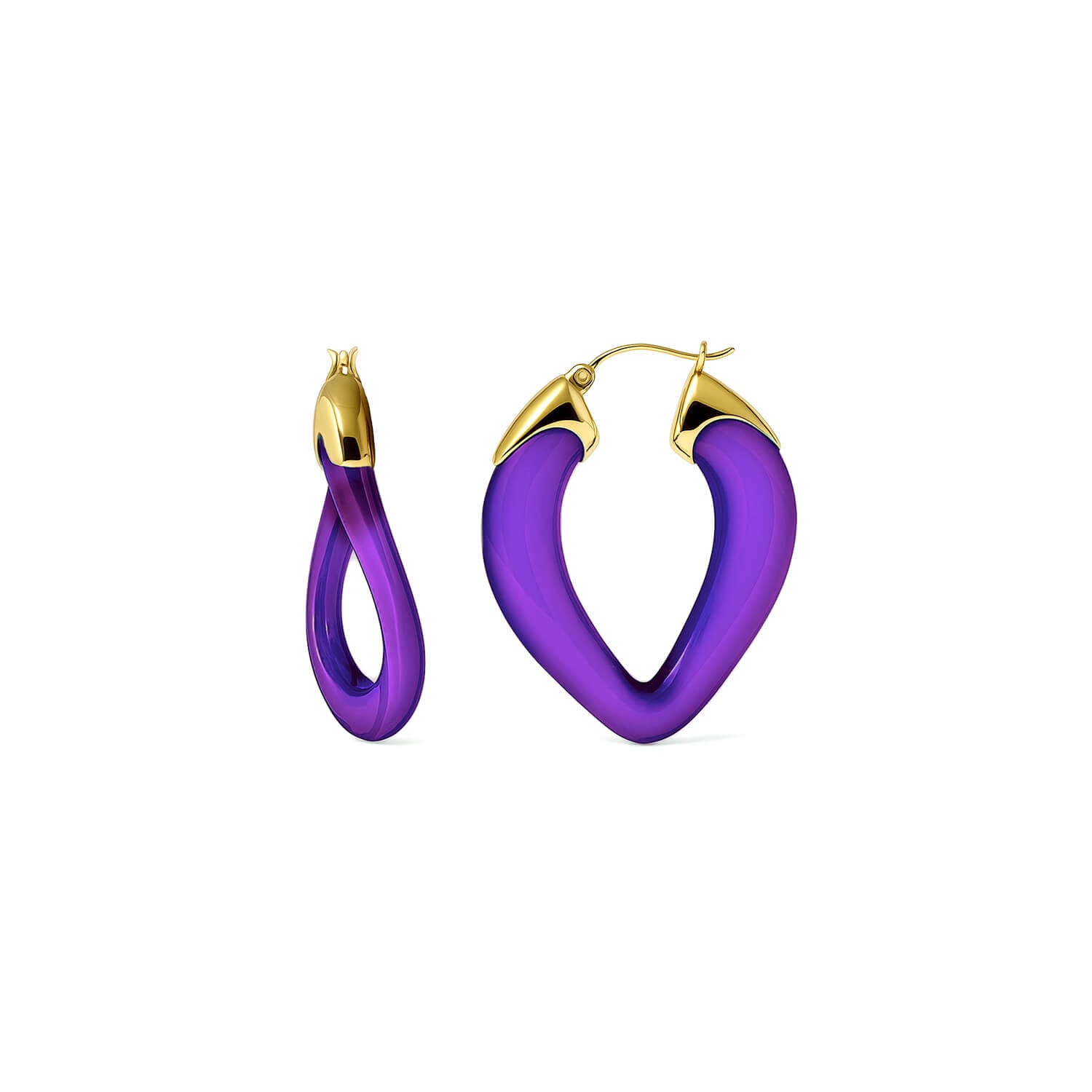 Purple hoop earrings with gold accents on a white background