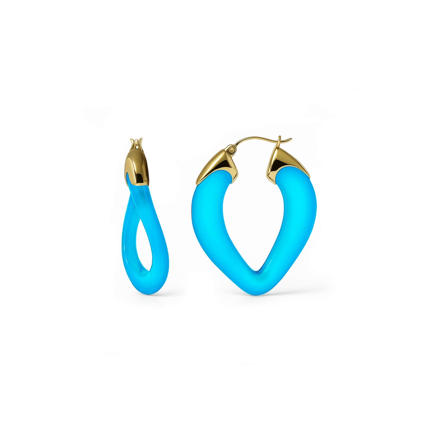 Blue hoop earrings with gold accents on a white background