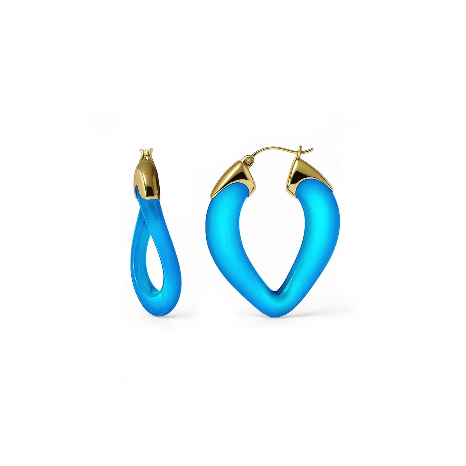 Blue hoop earrings with gold accents on a white background