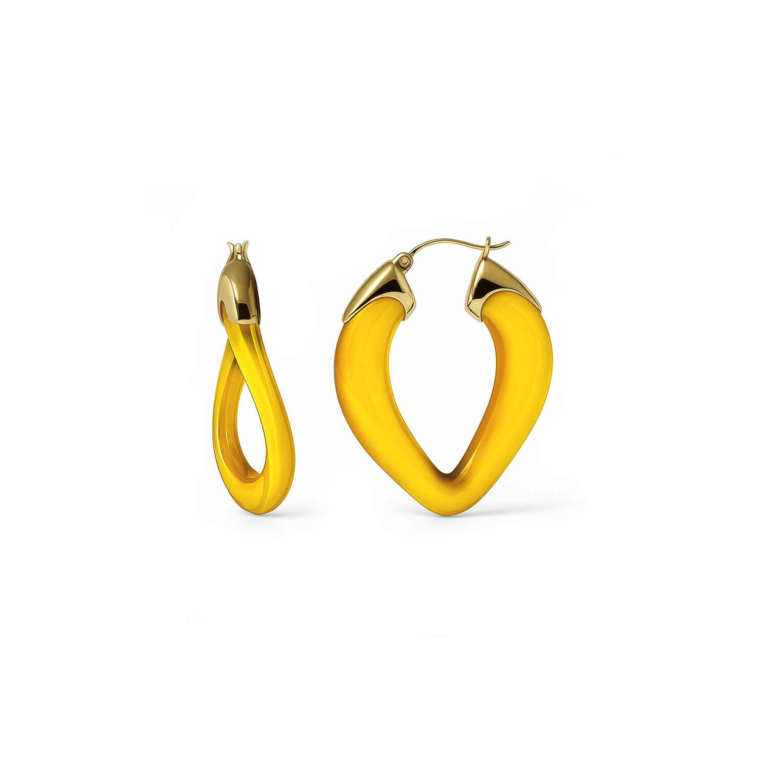 Yellow hoop earrings with gold accents on a white background