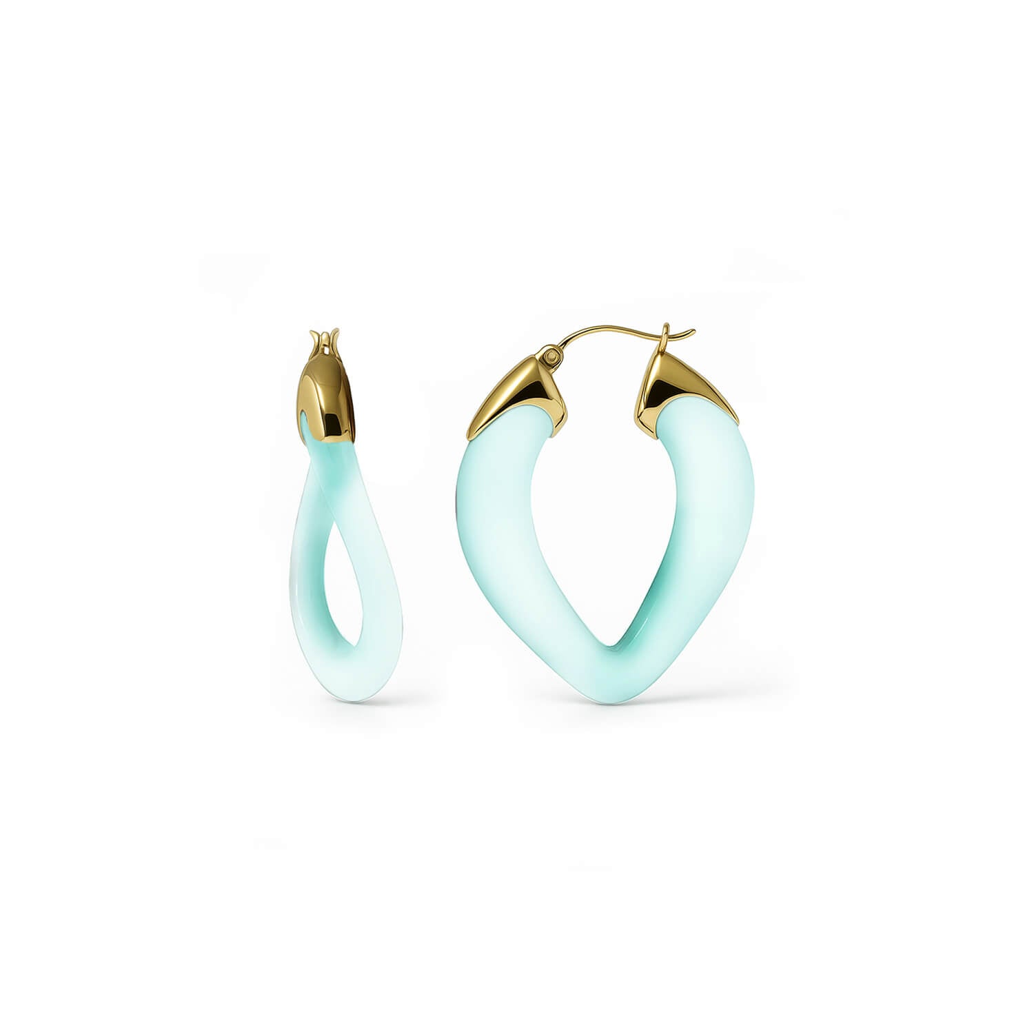 Pair of light blue hoop earrings with gold accents on a white background