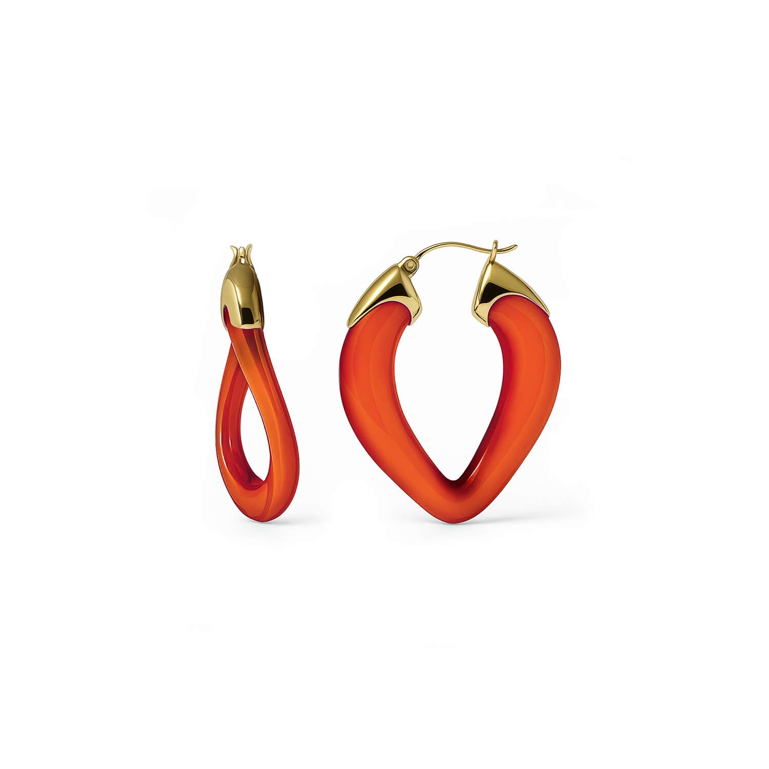 Pair of orange hoop earrings with gold accents on a white background