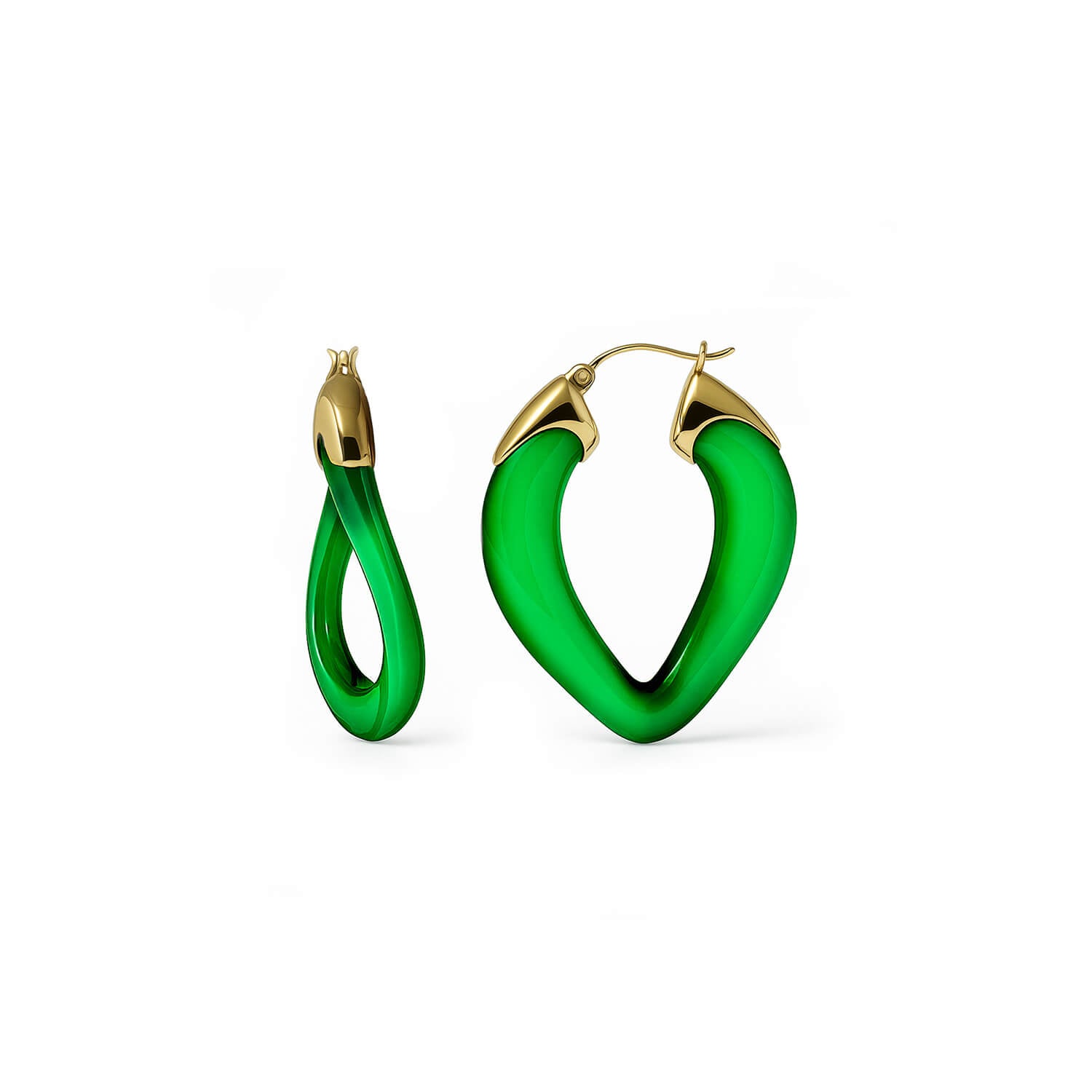 Green hoop earrings with gold accents on a white background