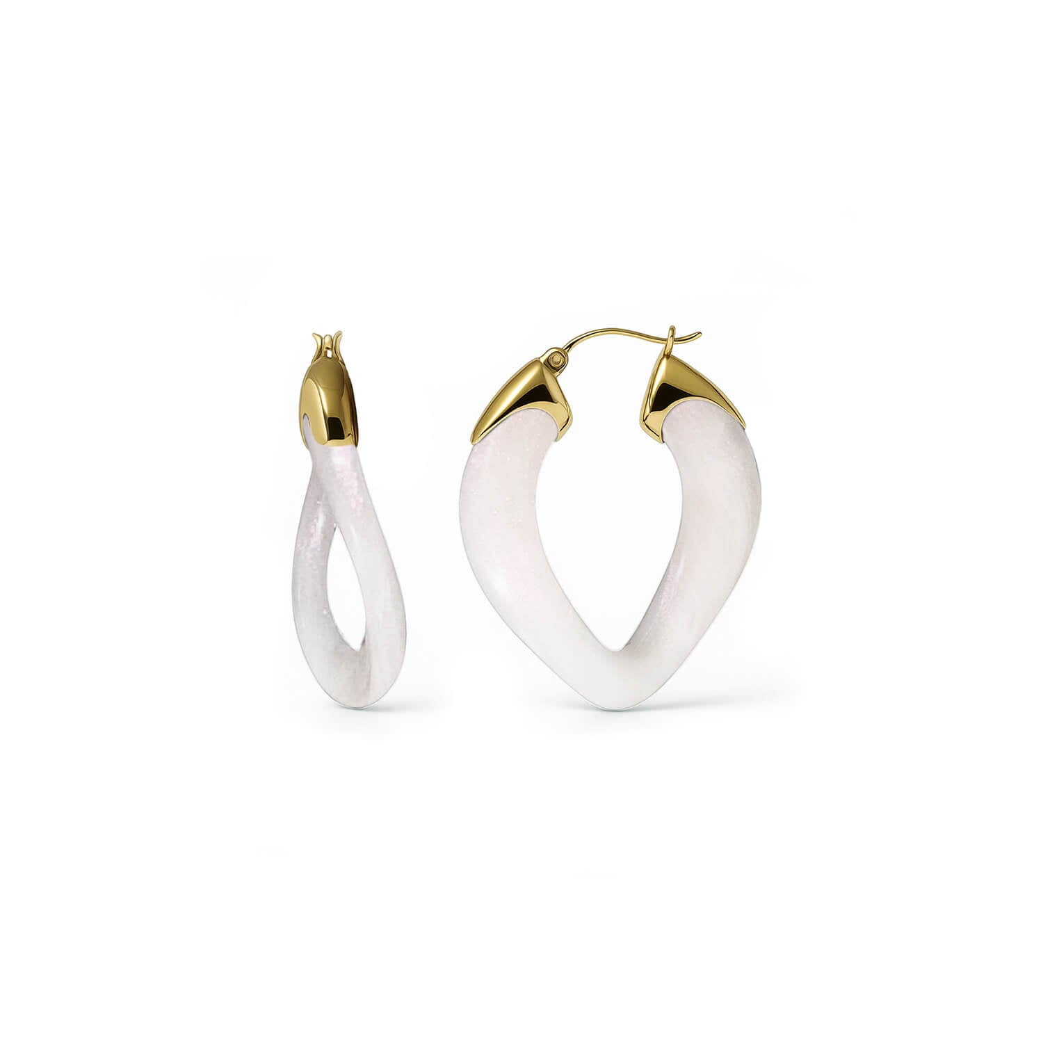 White hoop earrings with gold accents on a white background