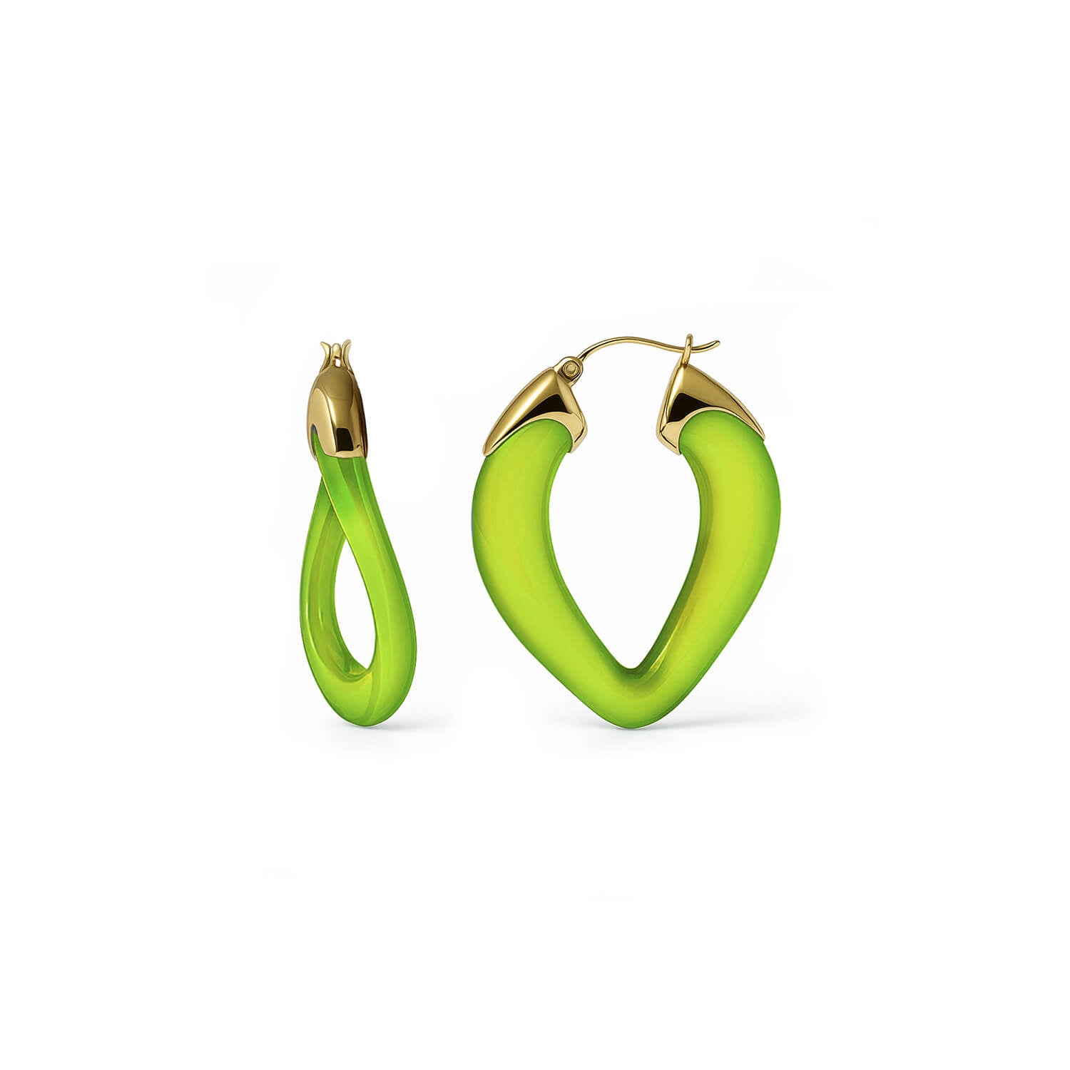 Green hoop earrings with gold accents on a white background