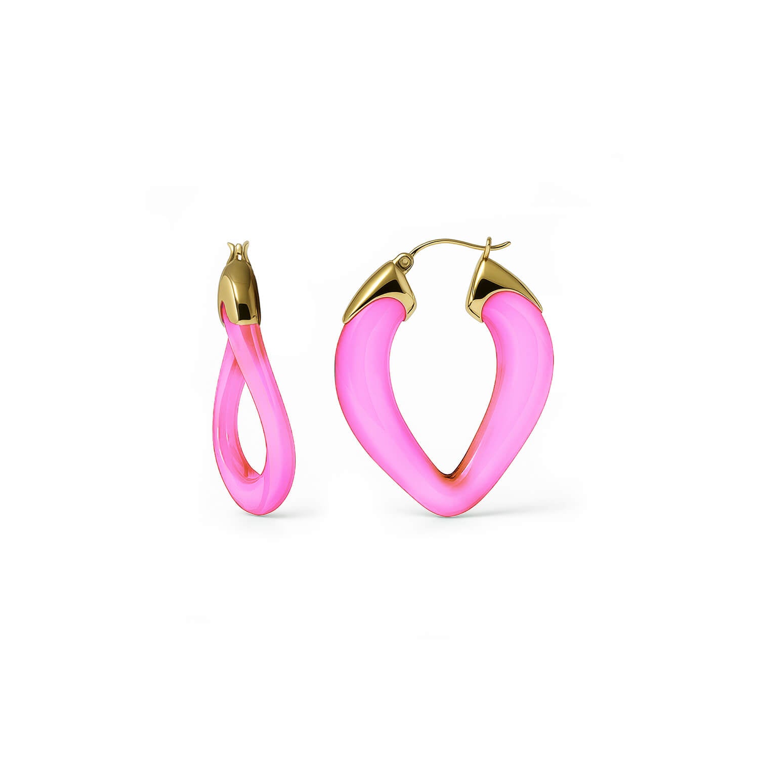 Pink hoop earrings with gold accents on a white background