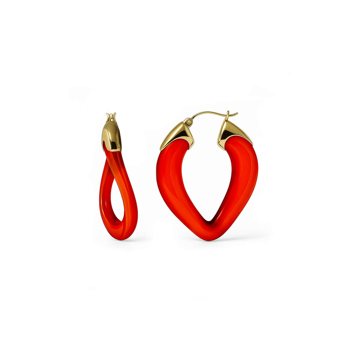 Red hoop earrings with gold accents on a white background