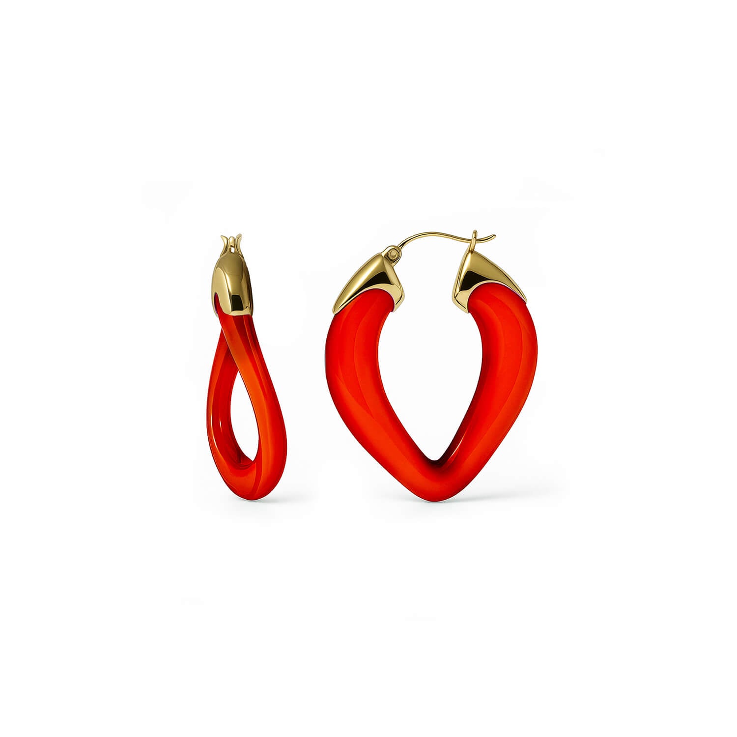 Red hoop earrings with gold accents on a white background