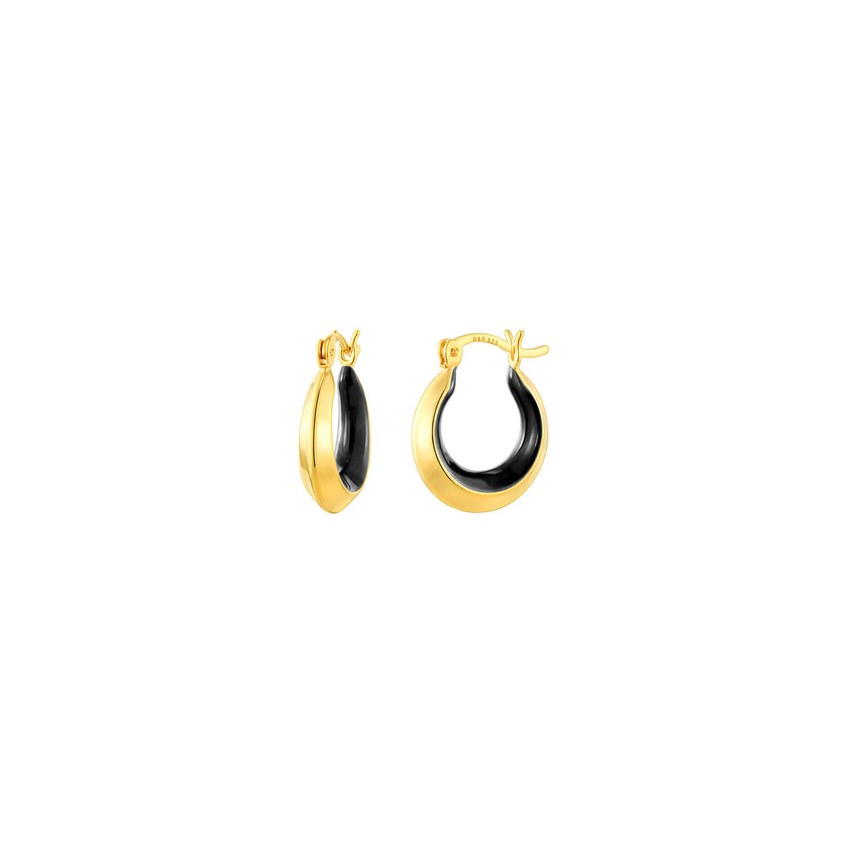 BLACK AND GOLD SMALL HOOP EARRINGS ON WHITE BACKGROUND