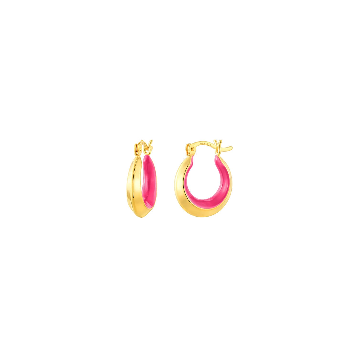A pair of gold hoop earrings with a vibrant hot pink enamel inlay, shown against a solid white background.