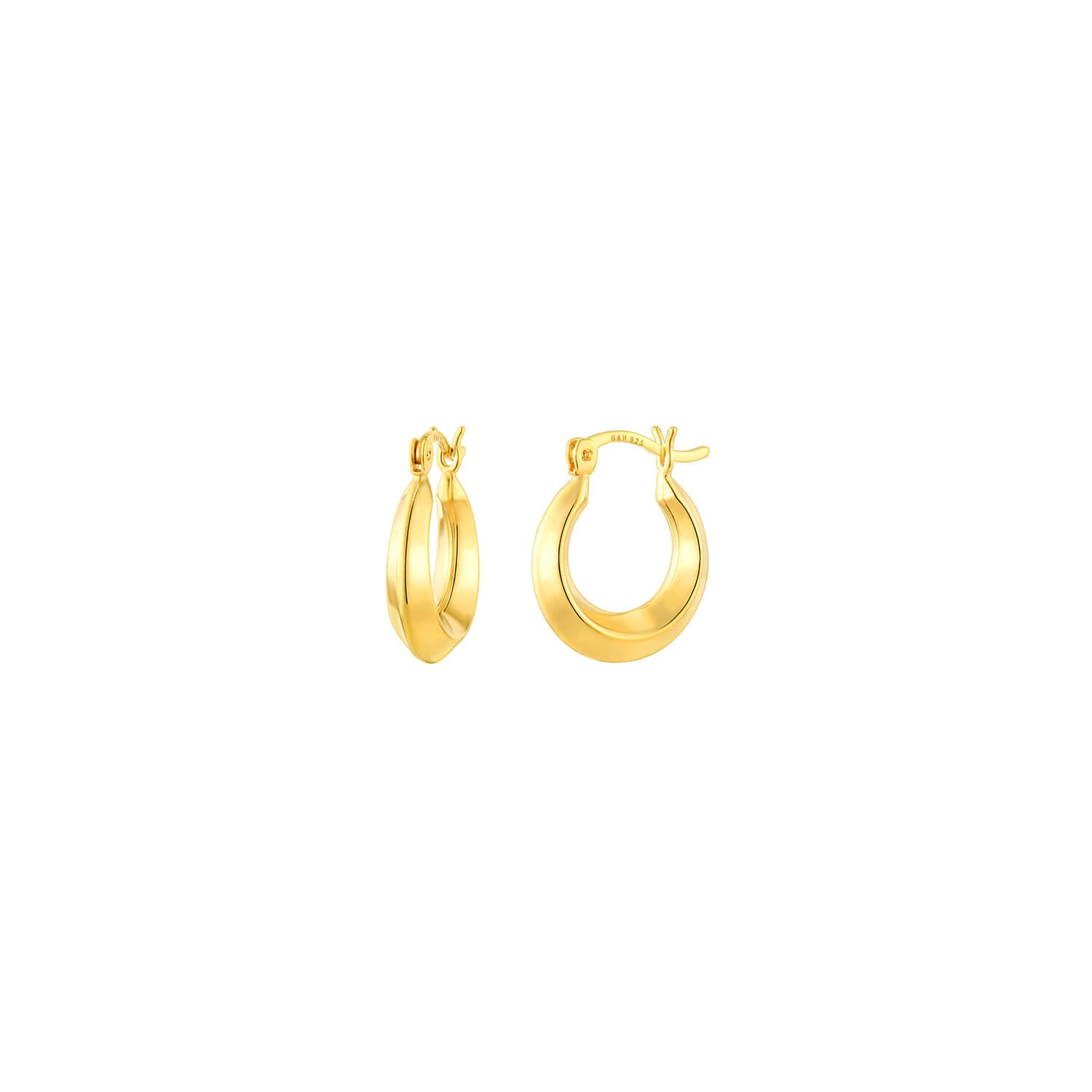 A pair of polished yellow gold hoop earrings shown on a plain white background.