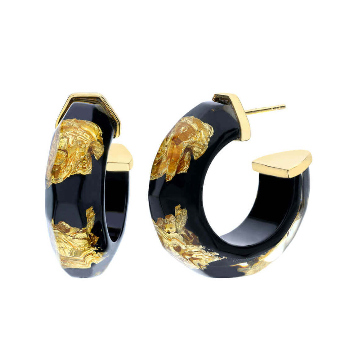 BLACK WITH GOLD LEAF FACETED HUGGIE ON WHITE BACKGROUND