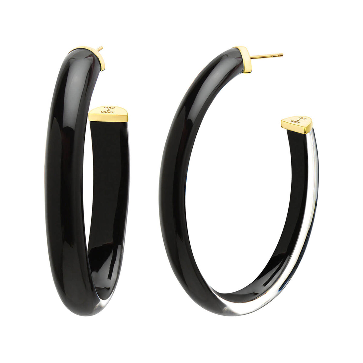 A pair of glossy black hoop earrings with polished gold-tone posts and backing caps, shown on a plain white background.