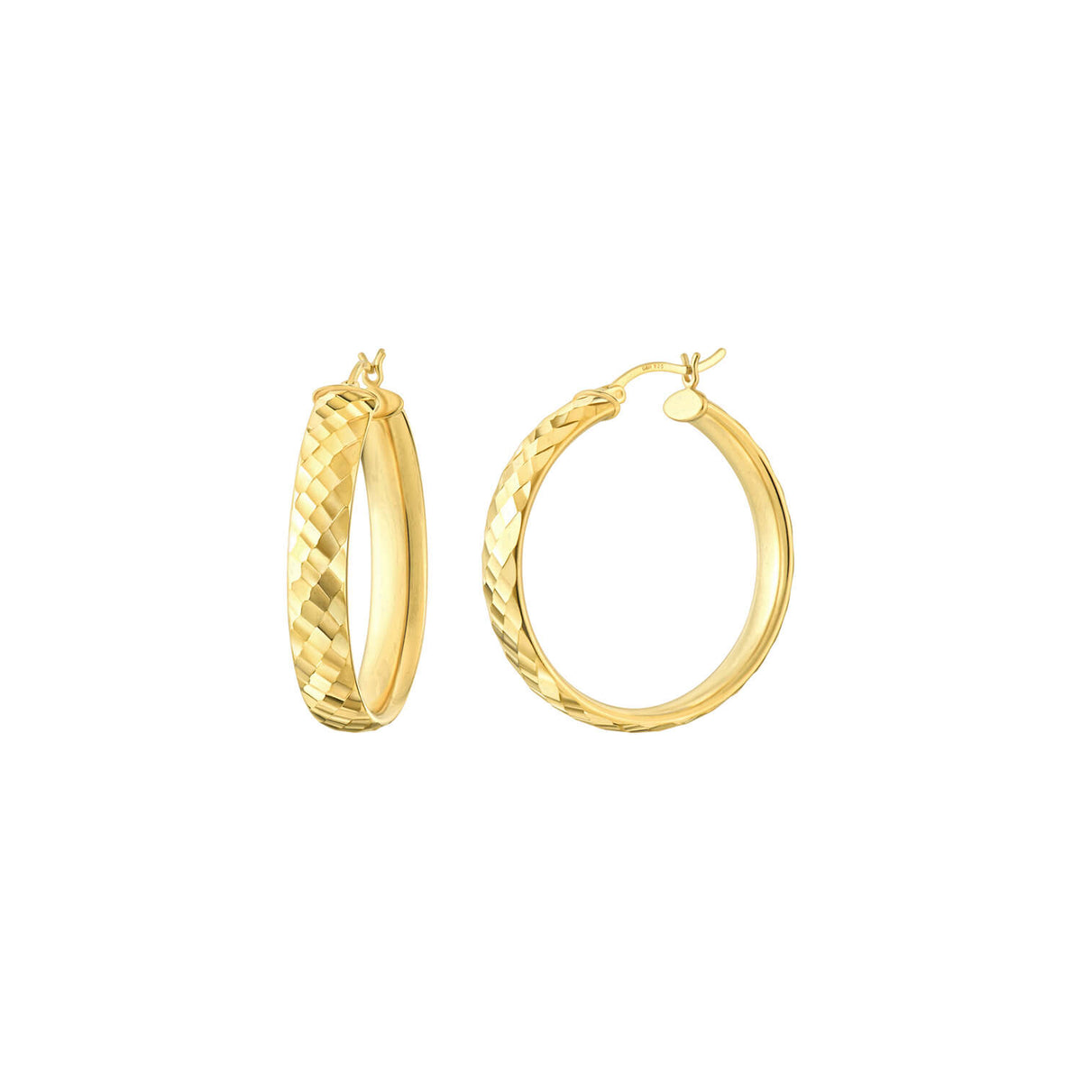 GOLD HAMMERED TEXTURE HOOP EARRING ON A WHITE BACKGROUND