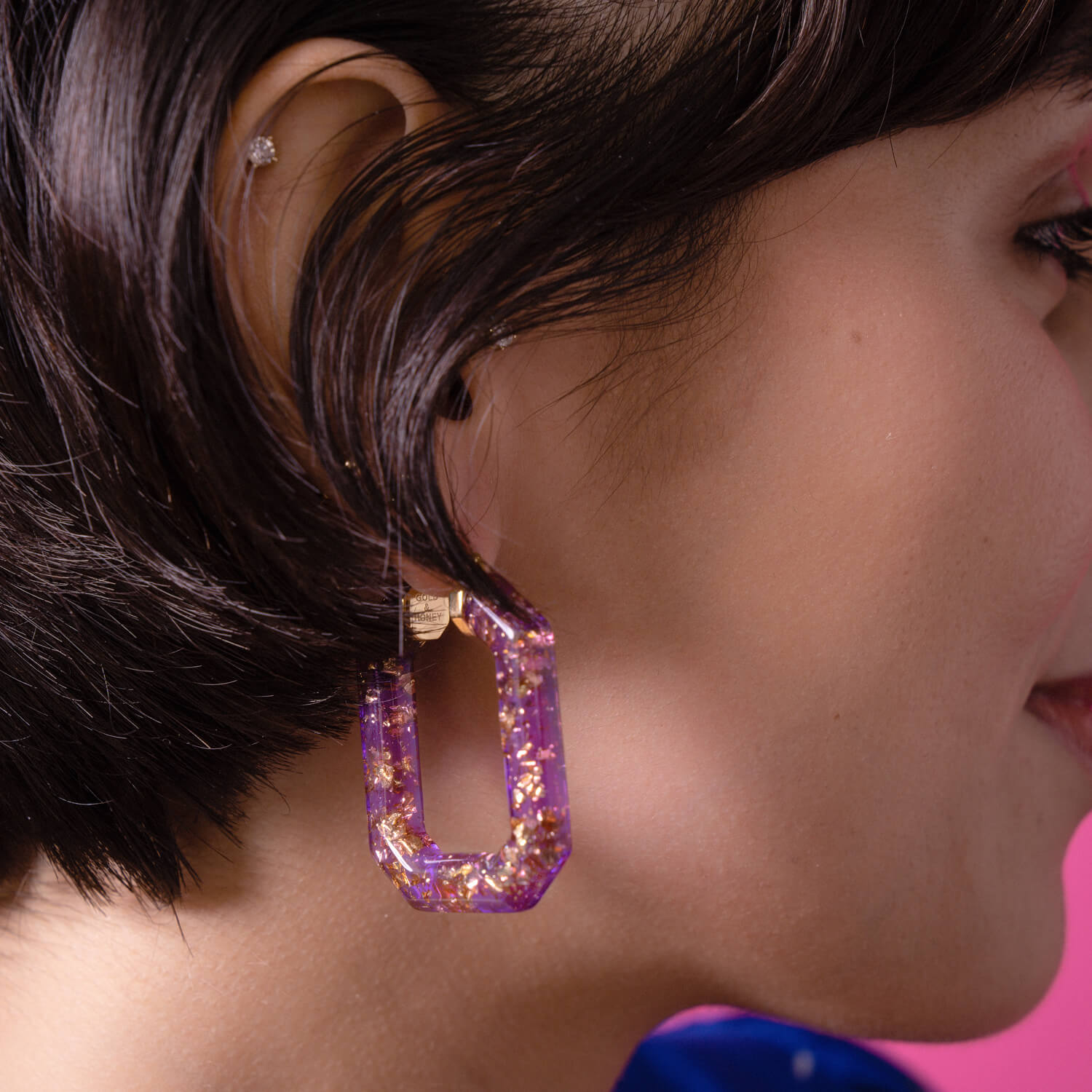 Emerald Gem Hoops in Purple with Gold Leaf