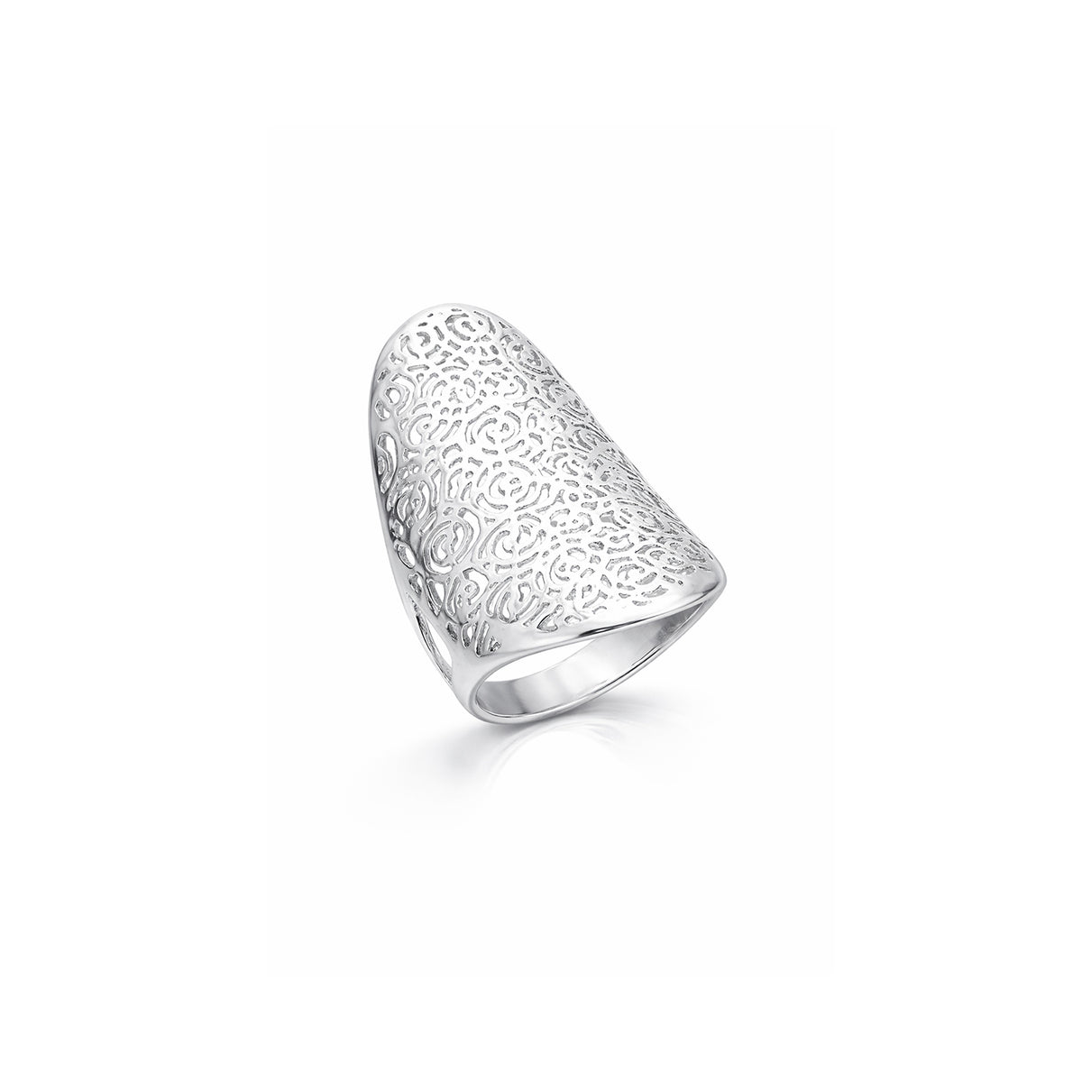 Silver ring with intricate design on a white background
