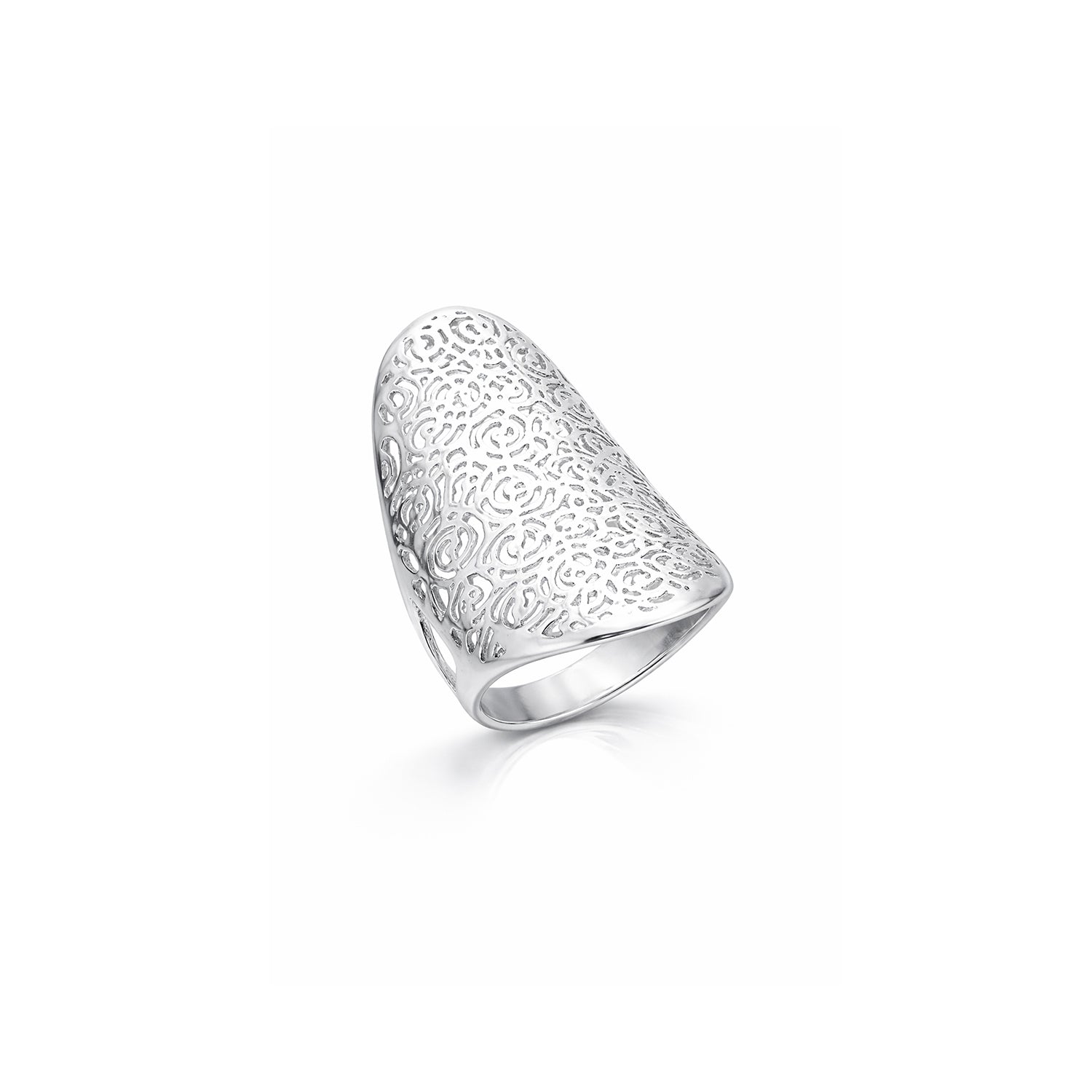 Silver ring with intricate design on a white background