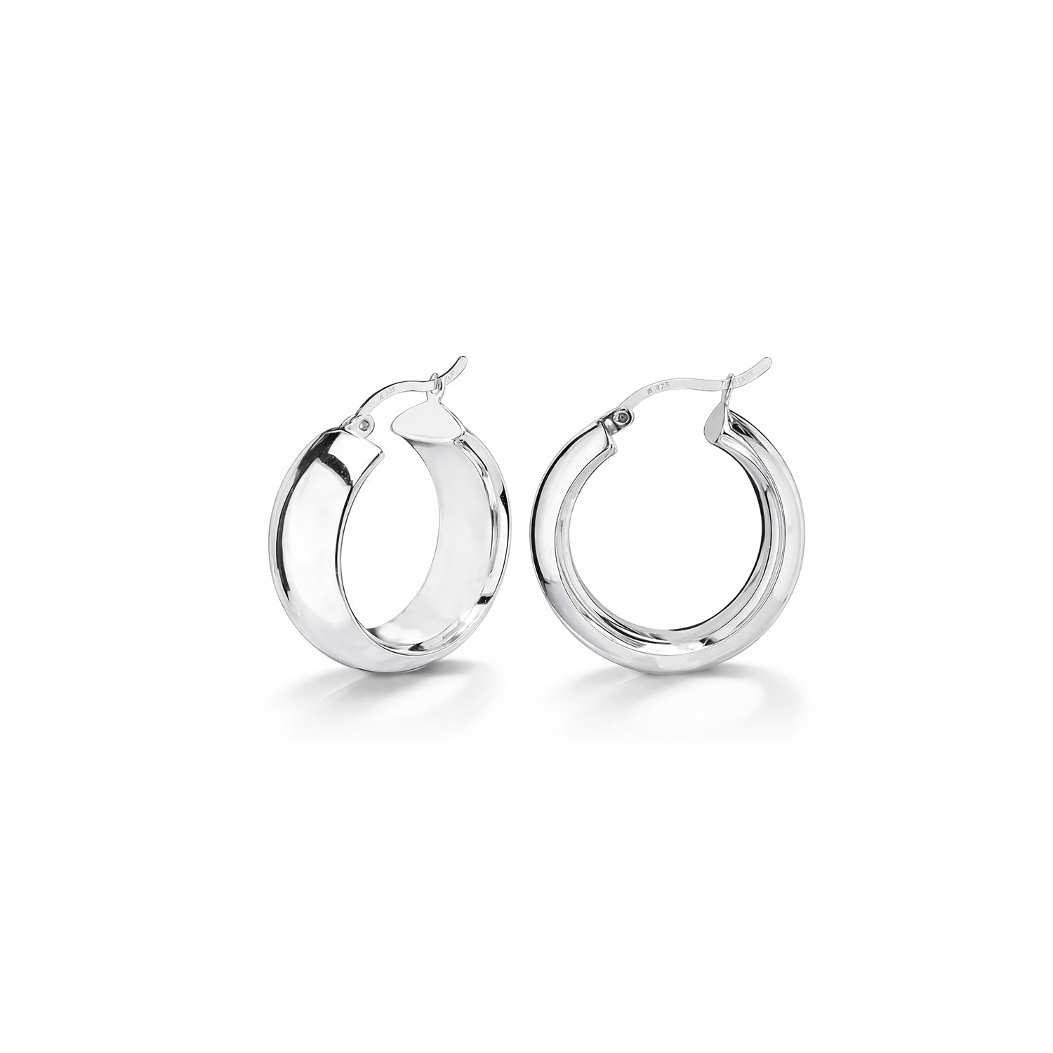 Pair of silver hoop earrings on a white background