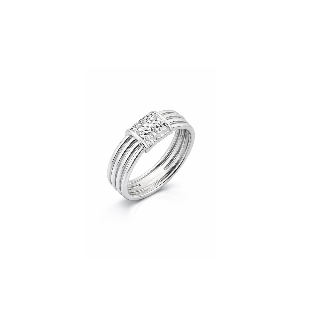 Silver ring with a diamond cut center on a white background