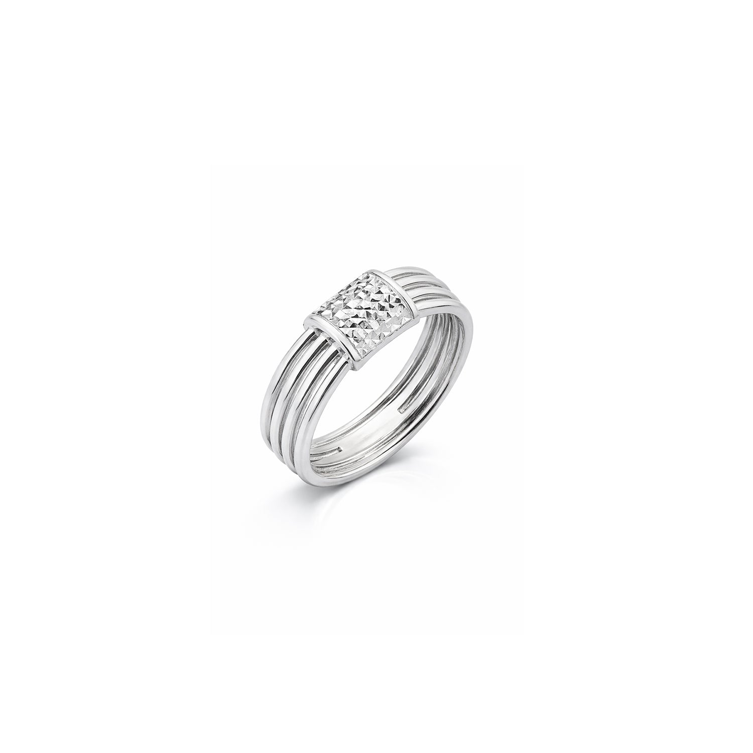 Silver ring with a diamond cut center on a white background
