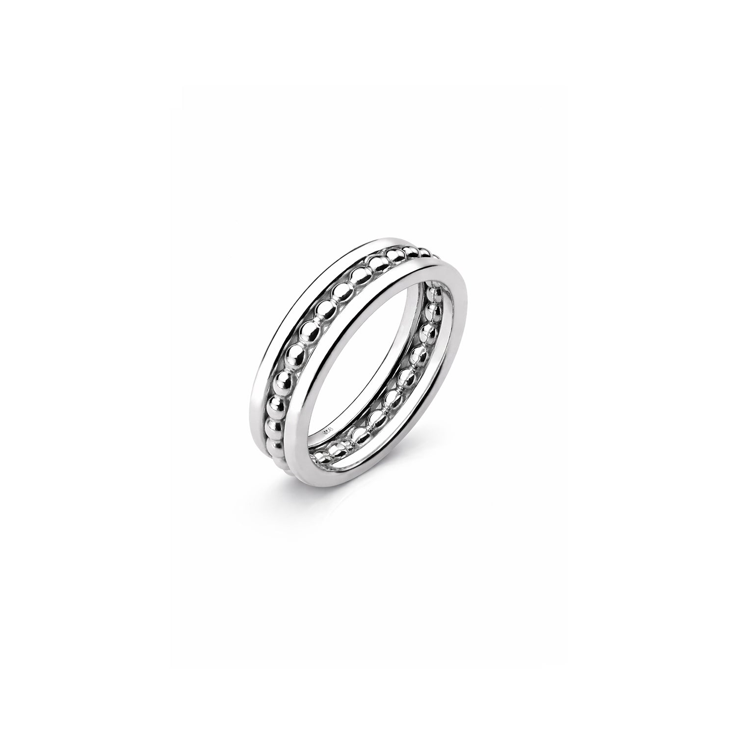 Silver ring with a textured band on a white background