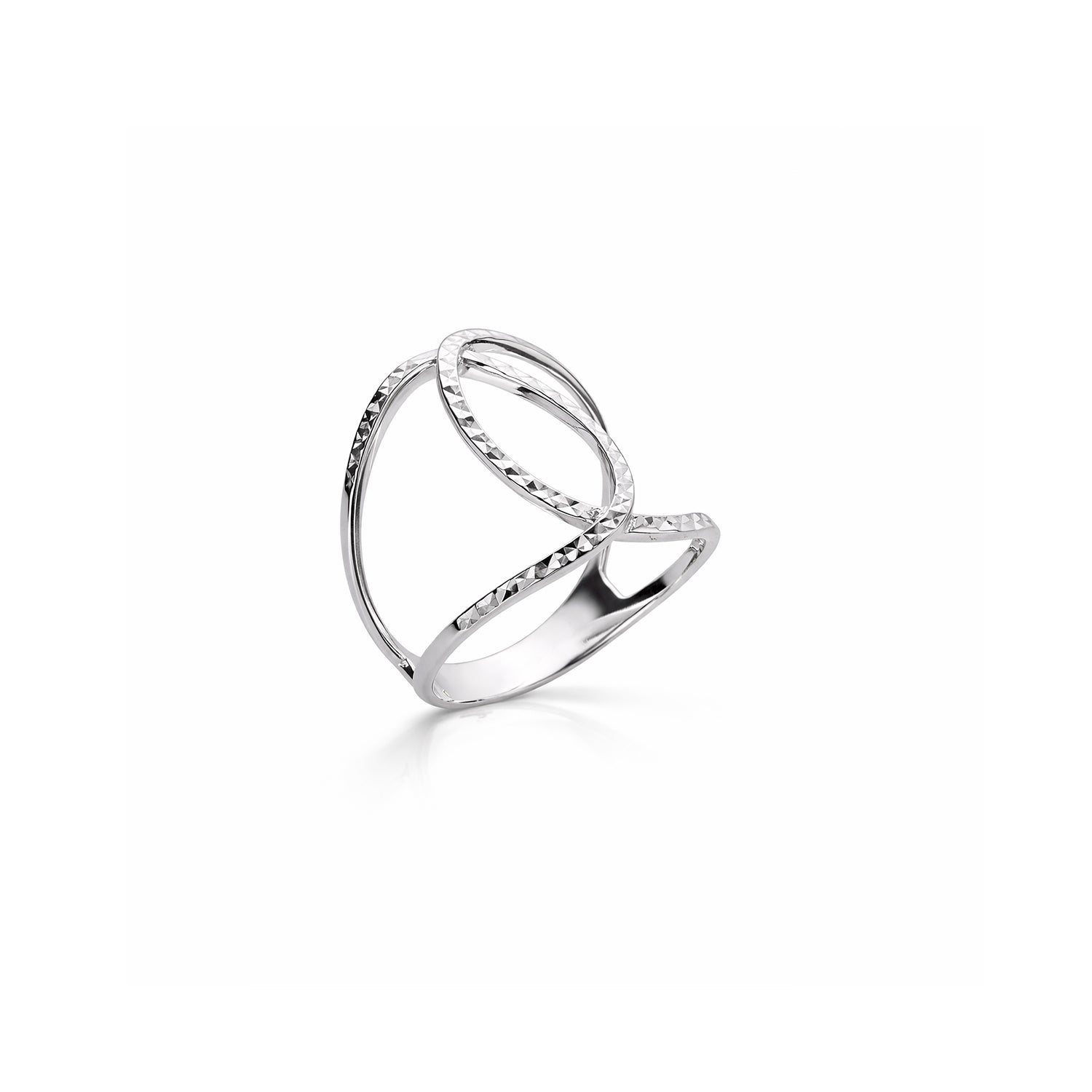 Silver ring with a unique design on a white background