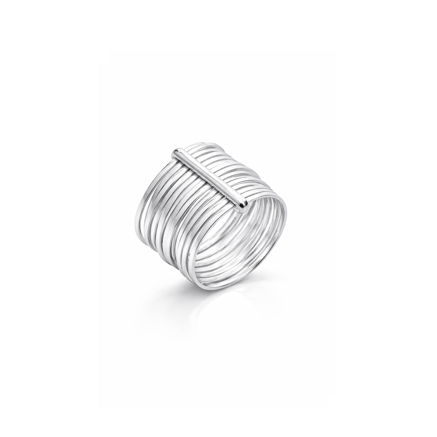 Silver ring with multiple bands on a white background