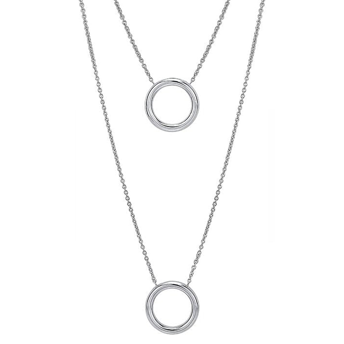 Two silver circular pendants on a chain against a white background