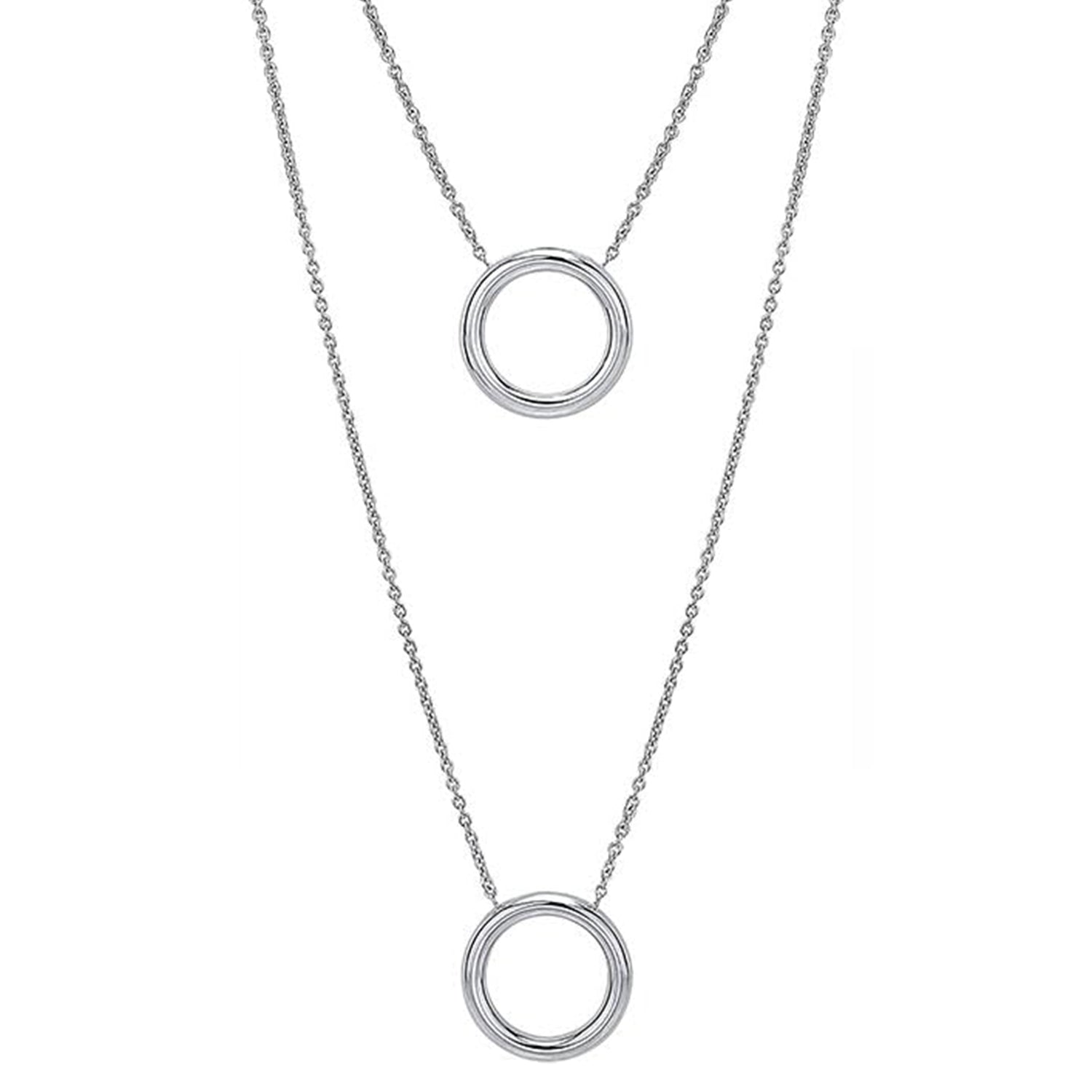 Two silver circular pendants on a chain against a white background
