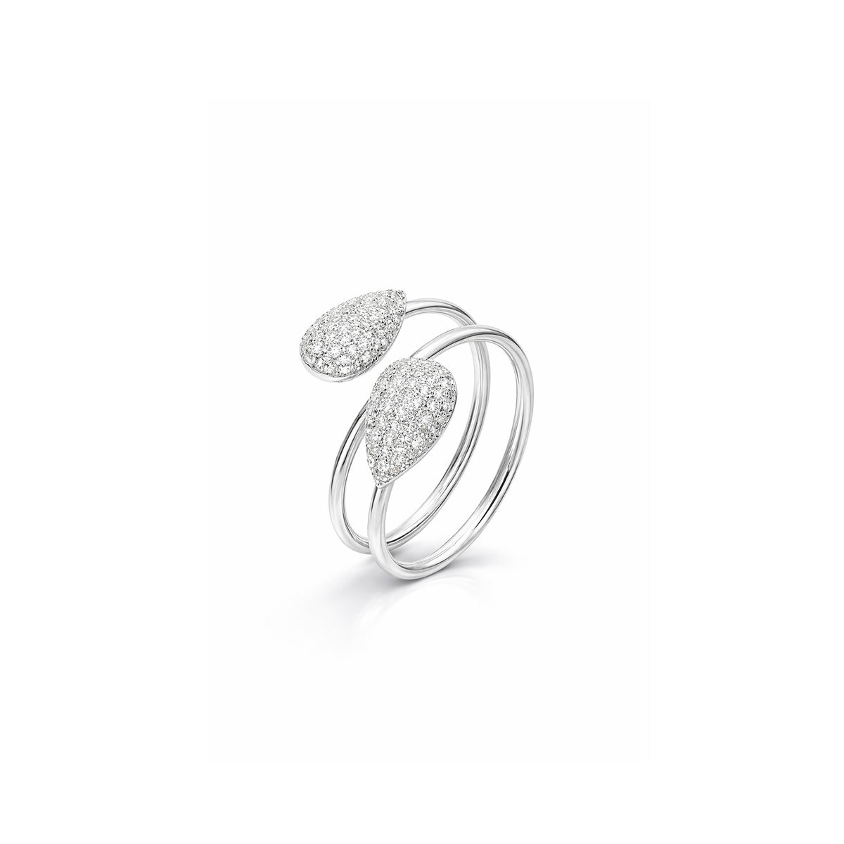 Silver ring with embedded stones on a white background